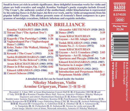 Armenian Brilliance (Works for Violin & Piano by Abramian, Arutiunian, Bagdasarian, Barkhudarian, Bekarian, Khachaturian, Komitas, Mirzoian) - Nikolay Madoyan, Armine Grigoryan