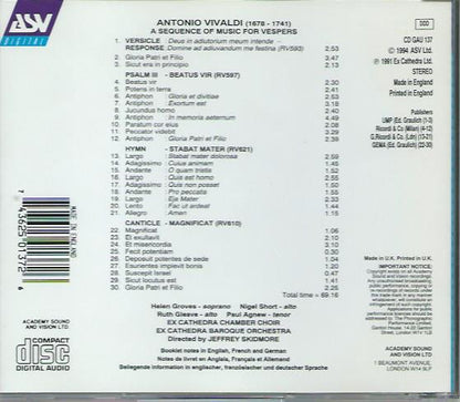 VIVALDI: Vespers - Ex Cathedra Chamber Choir & Baroque Orchestra, Jeffrey Skidmore