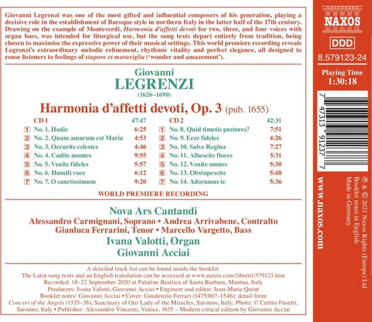 LEGRENZI: HARMONIA D’AFFETTI DEVOTI, OP. 3 - Nova Ars Cantandi