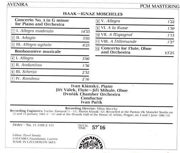 MOSCHELES: Piano Concerto No. 3, Bonbonnière Musicale, Concerto For Flute, Oboe And Orchestra   - Klánský/Válek/Mihule/Dvorák Chamber Orchestra