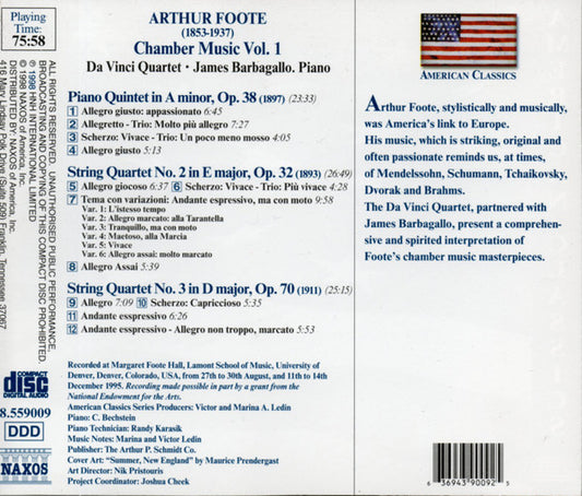 FOOTE: Piano Quintet Op. 38; String Quartets Opp. 32 and 70 - DaVinci Quartet