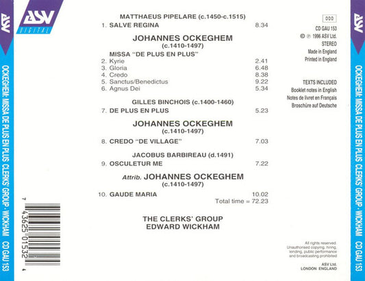 OCKEGHEM: Missa De Plus En Plus; 5 Motets - Clerks' Group