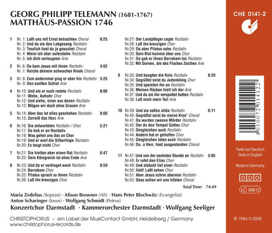 TELEMANN: Matthäus-Passion - Zedelius, Browner, Blochwitz, Kammerorchester Darmstadt