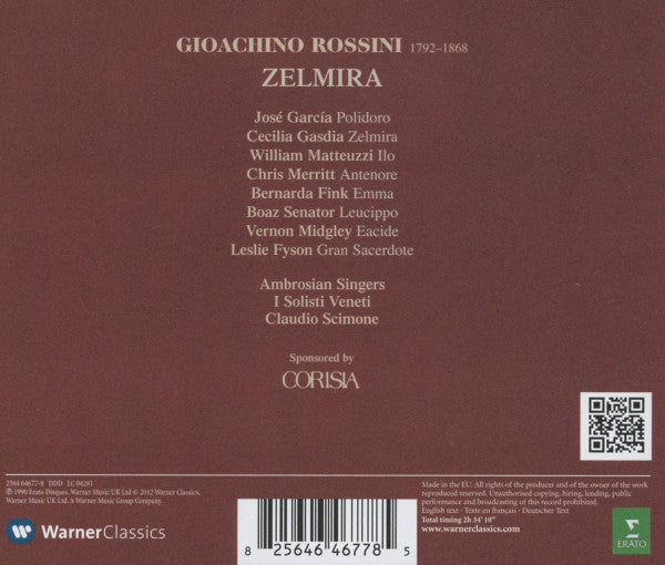 ROSSINI: ZELMIRA - Gasdia, Fink, Matteuzzi, Merritt, Senator, Ambrosian Singers, I Solisti Veneti, Claudio Scimone (2 CDS)
