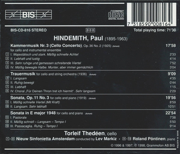 HINDEMITH: Cello Music - Torleif Thedéen, Roland Pöntinen, Amsterdam Sinfonietta