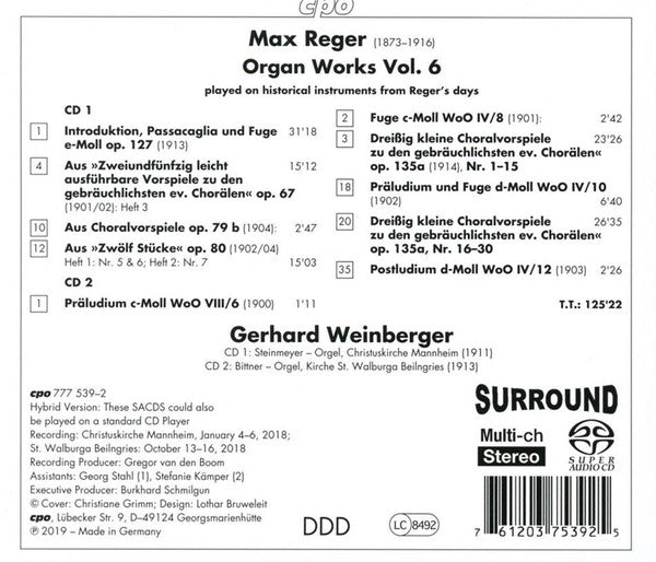 REGER: ORGAN WORKS, VOL. 6 - WEINBERGER (2 Hybrid SACDs)