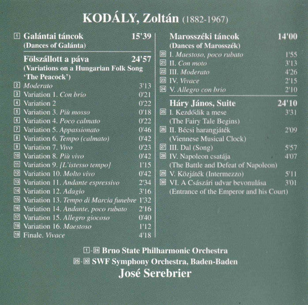 KODALY: Háry János Suite / Dances of Galanta - Brno State Philharmonic Orchestra, SWF Symphony Orchestra, Baden-Baden