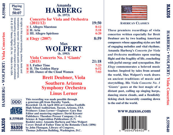 Harberg: Viola Concerto & Elegy; Wolpert: Viola Concerto No. 1 - Brett Deubner, Southern Arizona Symphony Orchestra, Linus Lerner