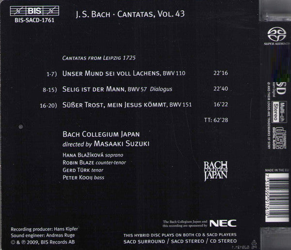 Bach, J.S.: Cantatas, Vol. 43  - BWV 57, 110, 151 - Suzuki, Bach Collegium Japan  (Hybrid SACD)