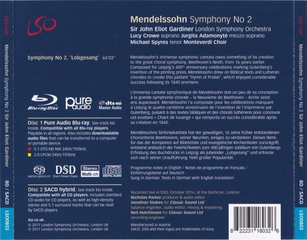 Mendelssohn: Symphony No. 2 "Lobegesang" - SIR JOHN ELIOT GARDINER (Blu-Ray Audio and SACD)