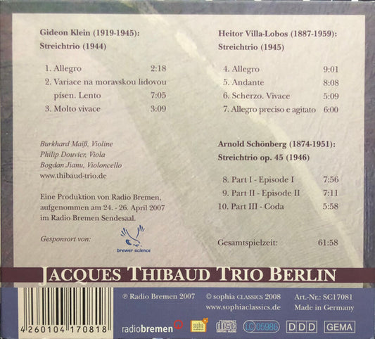 Klein/Schönberg/Villla-Lobos:  String Trios - Jacques Thibaud Trio Berlin