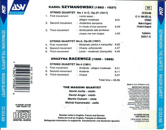 SZYMANOWSKI: The Two String Quartets;  BACEWICZ: String Quartet No. 4 - Maggini Quartet