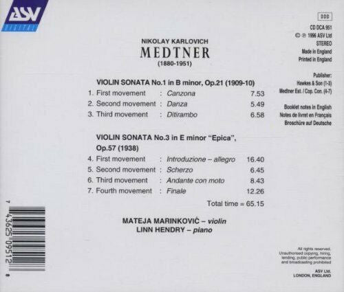 MEDTNER: Violin Sonatas 1 & 3 - Mateja Marinkovic, Linn Hendry