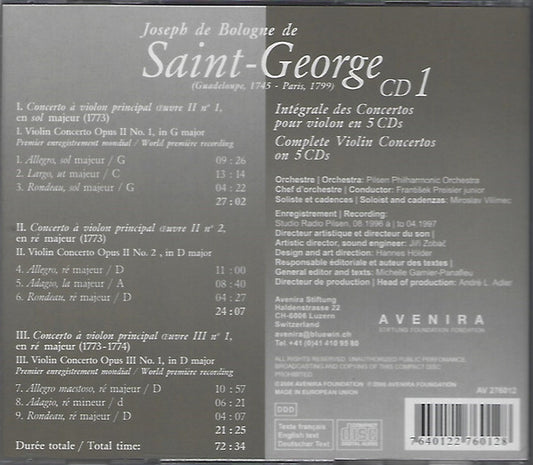 SAINT-GEORGE: COMPLETE VIOLIN CONCERTOS V. 1 - Vilimec, Pilsen Philharmonic Orchestra