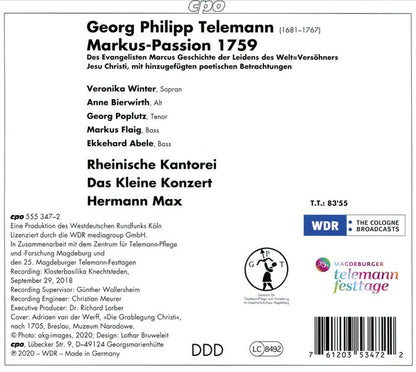 Telemann: Markus-Passion - Rheinische Kantorei, Das Kleine Konzert, Hermann Max (2 CDs)