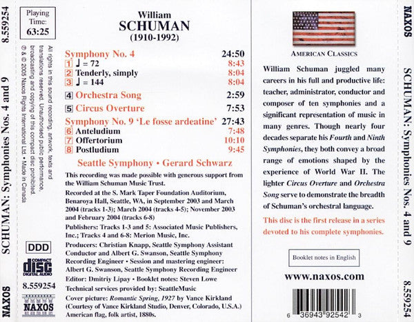 Schuman, W.: Symphonies Nos. 4 and 9 / Circus Overture / Orchestra Song - Schwarz, Seatlle Symphony