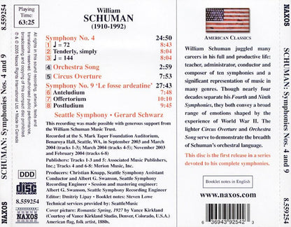 Schuman, W.: Symphonies Nos. 4 and 9 / Circus Overture / Orchestra Song - Schwarz, Seatlle Symphony