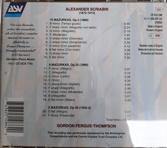 SCRIABIN: Complete PIano Works - The Mazurkas - Gordon Fergus-Thompson