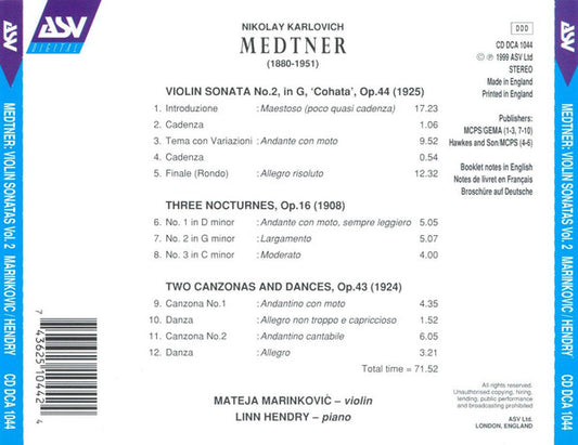 MEDTNER: Violin Sonata No. 2, 3 Nocturnes, 2 Canzonas & Danzas - Mateja Marinković, Linn Hendry