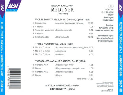MEDTNER: Violin Sonata No. 2, 3 Nocturnes, 2 Canzonas & Danzas - Mateja Marinković, Linn Hendry