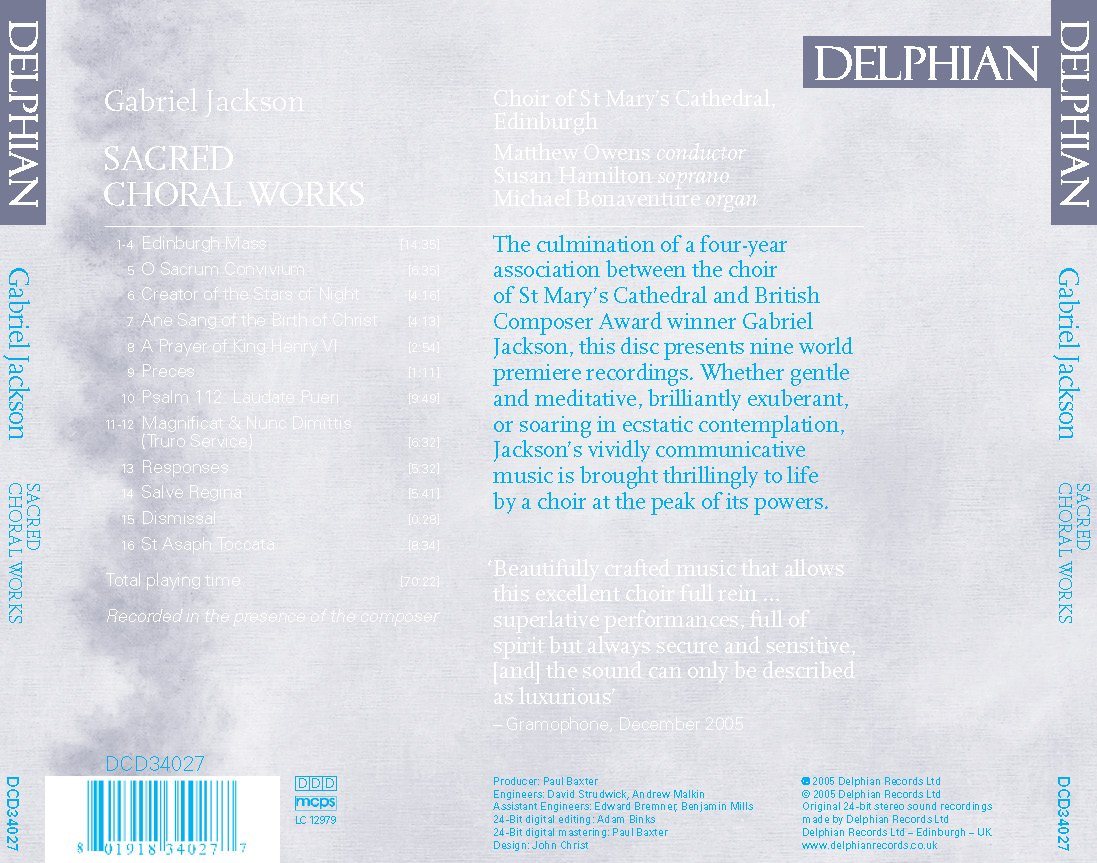 Jackson, Gabriel: Sacred Choral Works - Choir Of St. Mary's Cathedral, Edinburgh