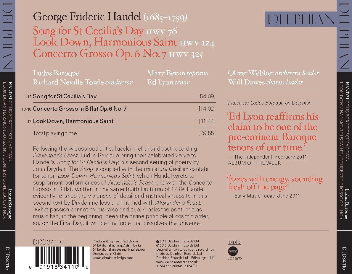 Handel: Song for St Cecilia’s Day, Look Down Harmonious Saint, Concerto Grosso - Ludus Baroque, Richard Neville-Towle, Mary Bevan, Ed Lyon