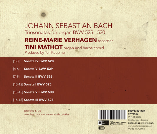 BACH: TRIO SONATAS FOR ORGAN -  REINE-MARIE VERHAGEN & TINI MATHOT