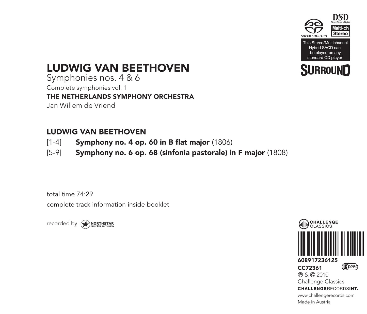 BEETHOVEN: SYMPHONIES 4 & 6 (VOL.1) - Jan Willem de Vriend, The Netherlands Symphony Orchestra (HYBRID SACD)