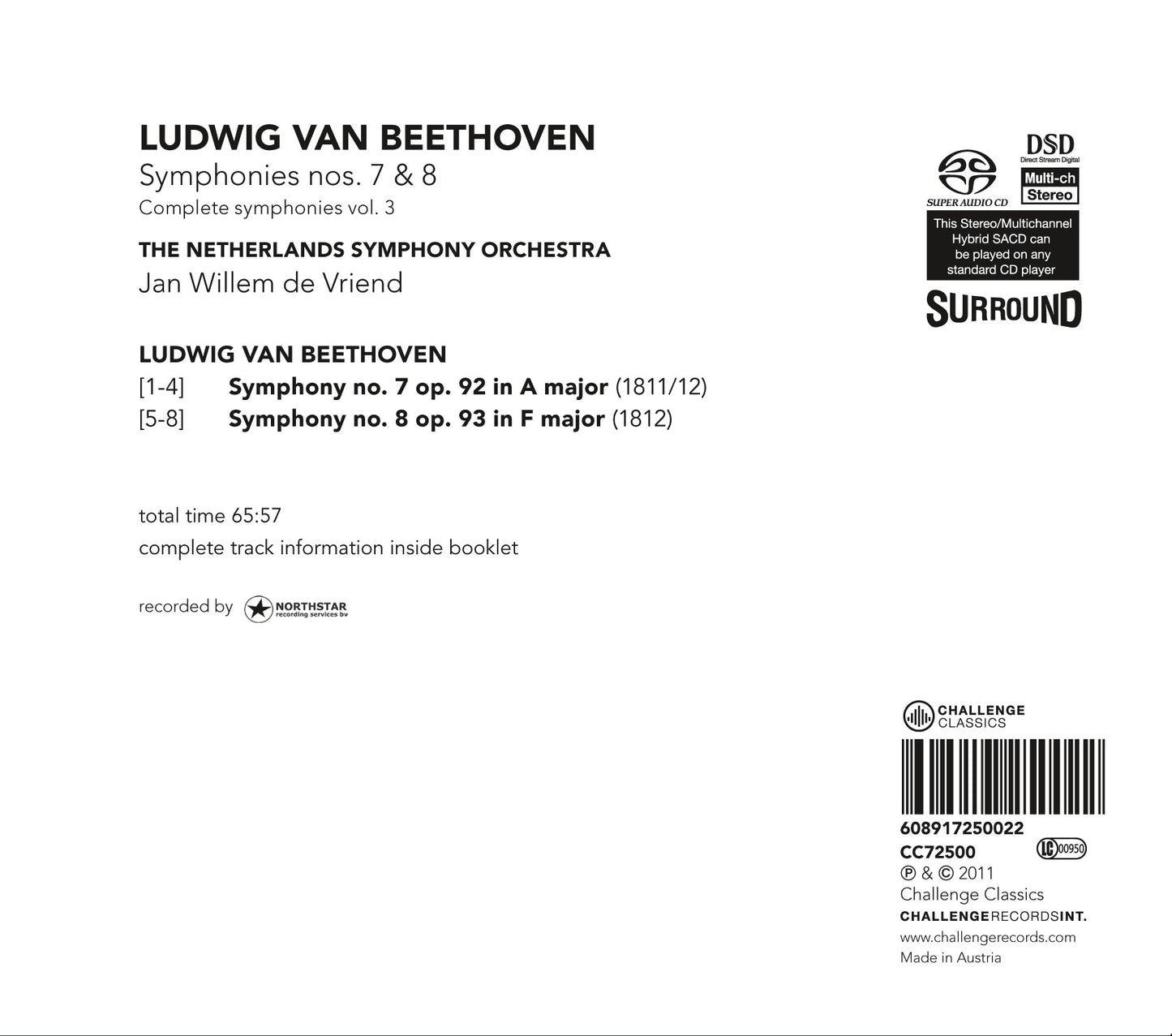 BEETHOVEN: SYMPHONIES NOS. 7 & 8 (COMPLETE SYMPHONIES, VOL. 3) - JAN WILLEM DE VRIEND / NETHERLANDS SYMPHONY ORCHESTRA (HYBRID SACD)