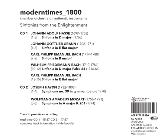 SINFONIAS FROM THE ENLIGHTENMENT (BACH, C.P.E. & W.F./GRAUN/HASSE/HAYDN/MOZART) - MODERN TIMES_1800 (2 CDS)