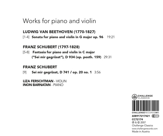 SCHUBERT & BEETHOVEN: WORKS FOR VIOLIN AND PIANO - LIZA FERSCHTMAN & INON BARNATAN