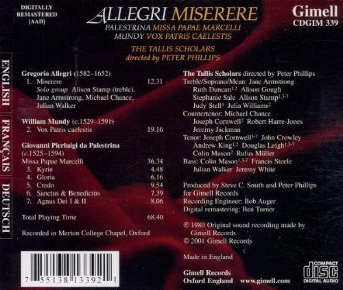 Allegri: Miserere; Palestrina: Missa Papae Marcelli; Mundi: Vox Patris Caelestis - The Tallis Scholars