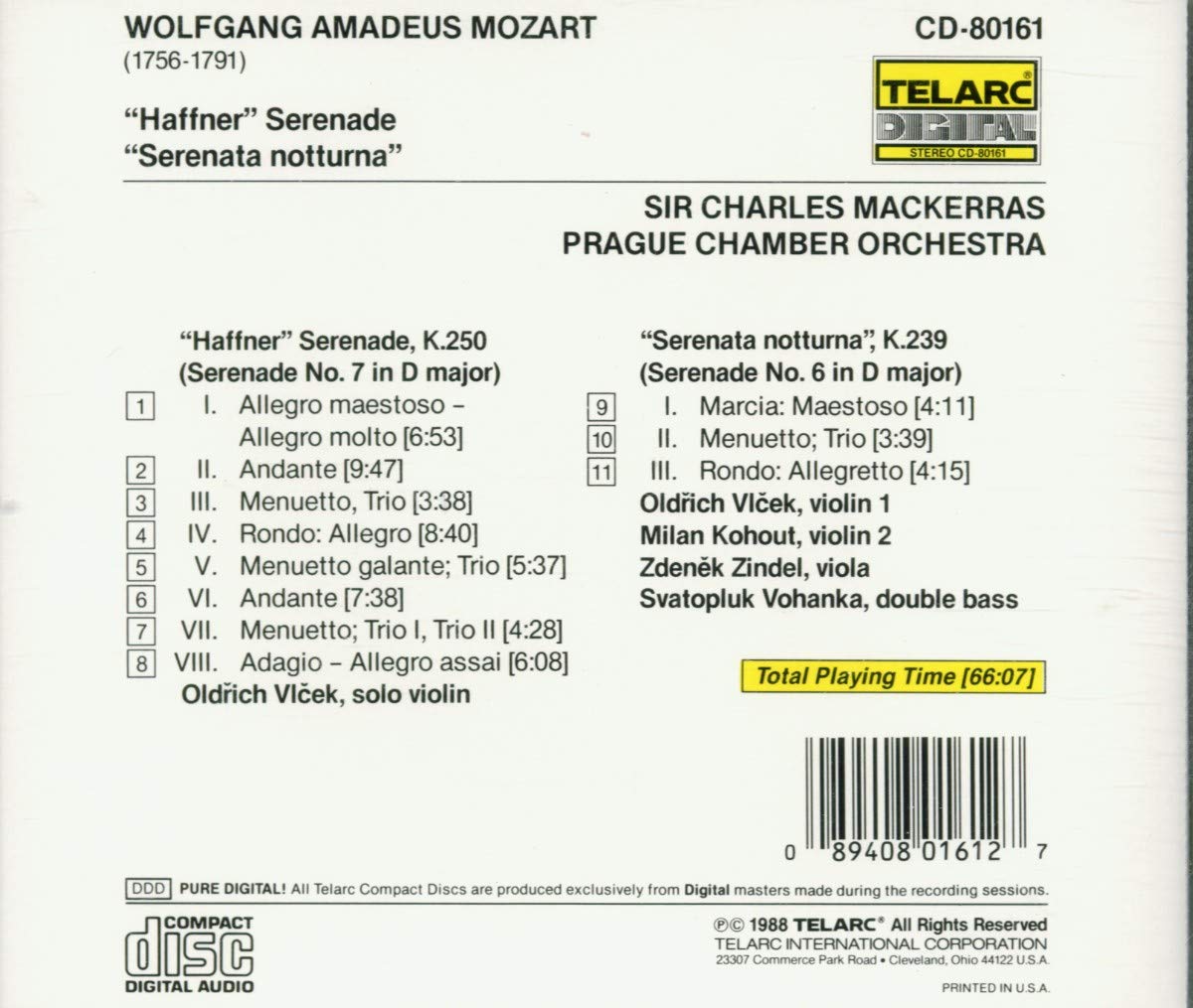 MOZART: "HAFFNER" SERENADE, SERENATA NOTTURNA - Charles Mackerras, Prague Chamber Symphony