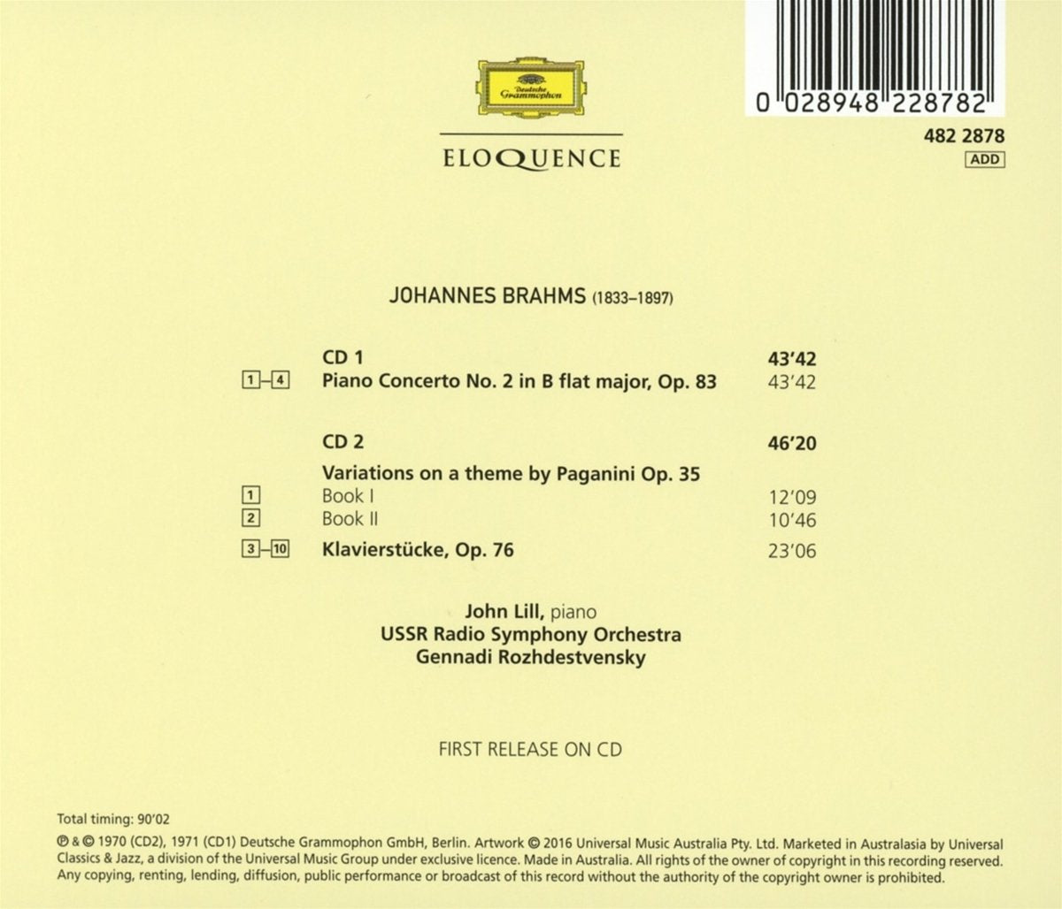 BRAHMS: Piano Concerto No. 2; Paganini Variations; Klavierstucke, Op. 76 - John Lill, Gennady Rozdhezvensky, USSR Radio Symphony Orchestra (2 CDs)