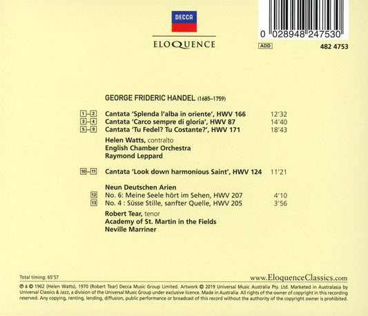HANDEL: CANTATAS & ARIAS - HELEN WATTS, ROBERT TEAR, ACADEMY OF ST. MARTIN IN THE FIELDS, MARRINER