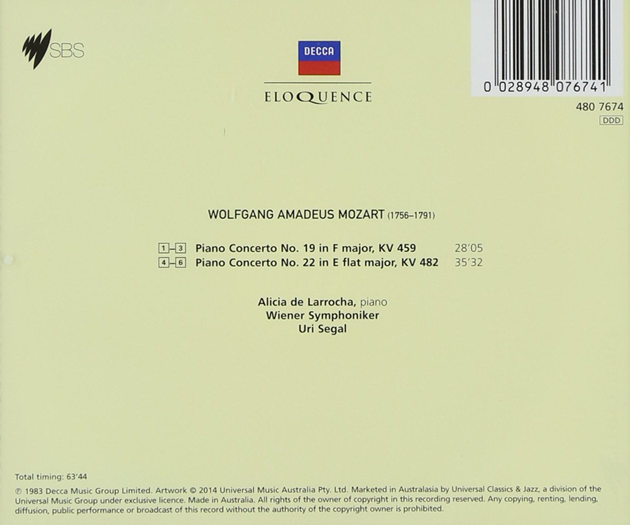 MOZART: PIANO CONCERTOS NO. 19 & 22 - DE LARROCHA, VIENNA PHILHARMONIC, SEGAL