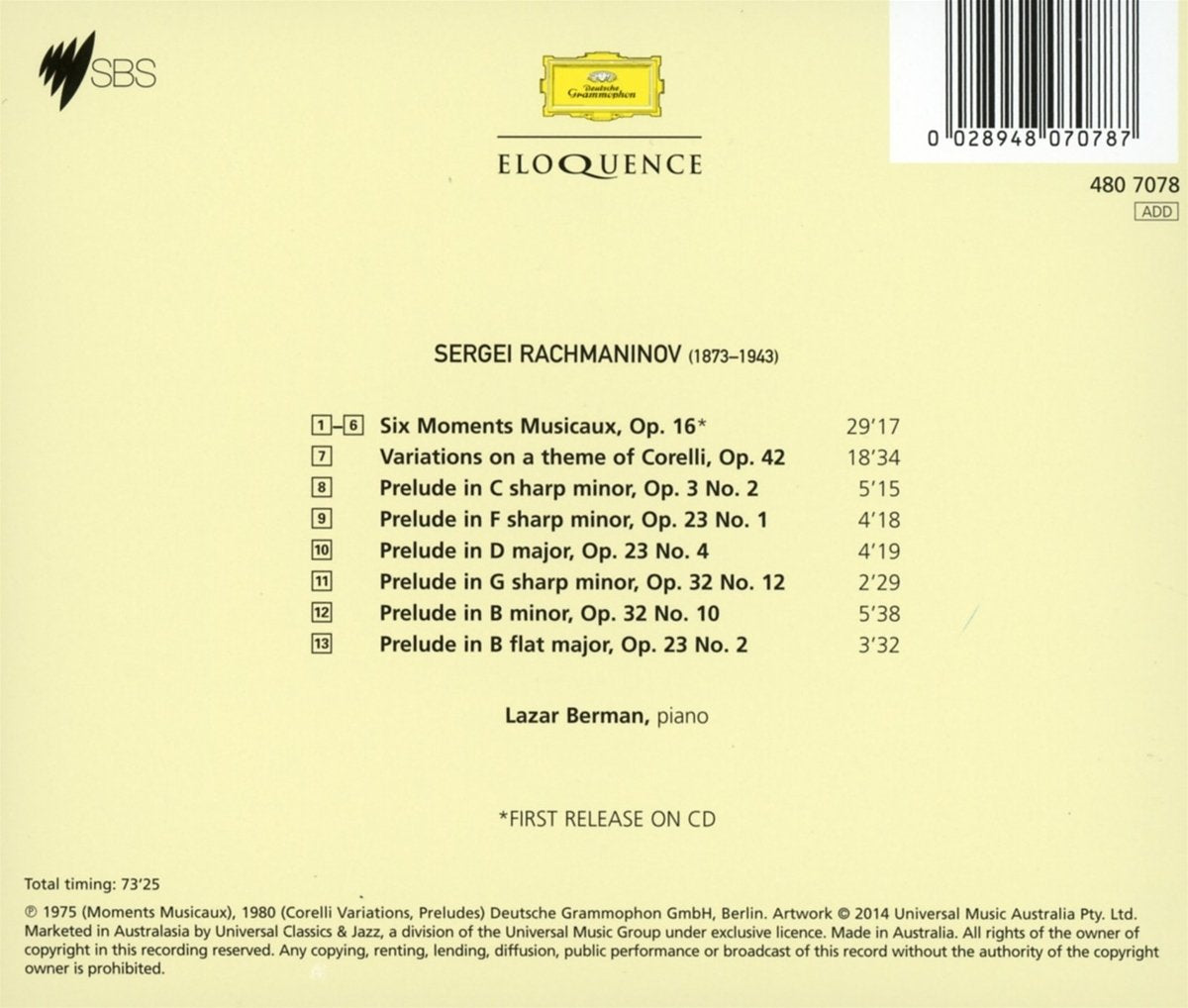 RACHMANINOV: MOMENTS MUSICAUX, CORELLI VARIATIONS, SIX PRELUDES - LAZAR BERMAN