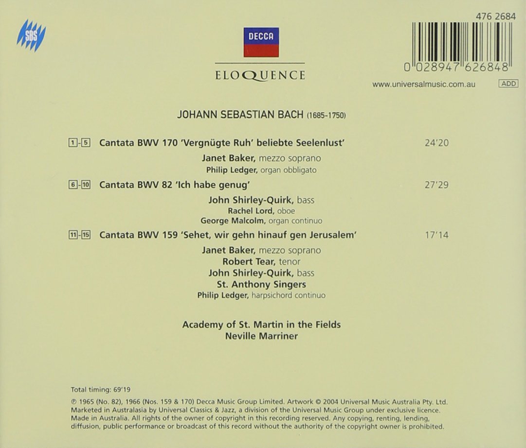 BACH: Six Cantatas - Janet Baker, Robert Tear, John Shirley-Quirk, Dietrich Fischer-Dieskau, Neville Marriner, Academy of St. Martin in the Fields (2 CDs)