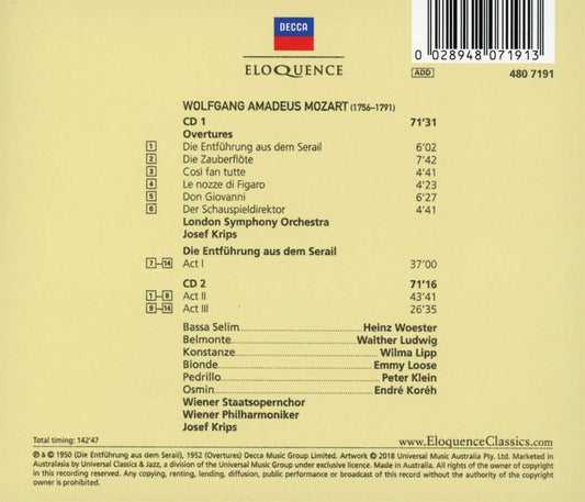 MOZART: DIE ENTFUHRUNG AUS DEM SERAIL; OVERTURES - JOSEF KRIPS, VIENNA PHILHARMONIC (2 CDS)