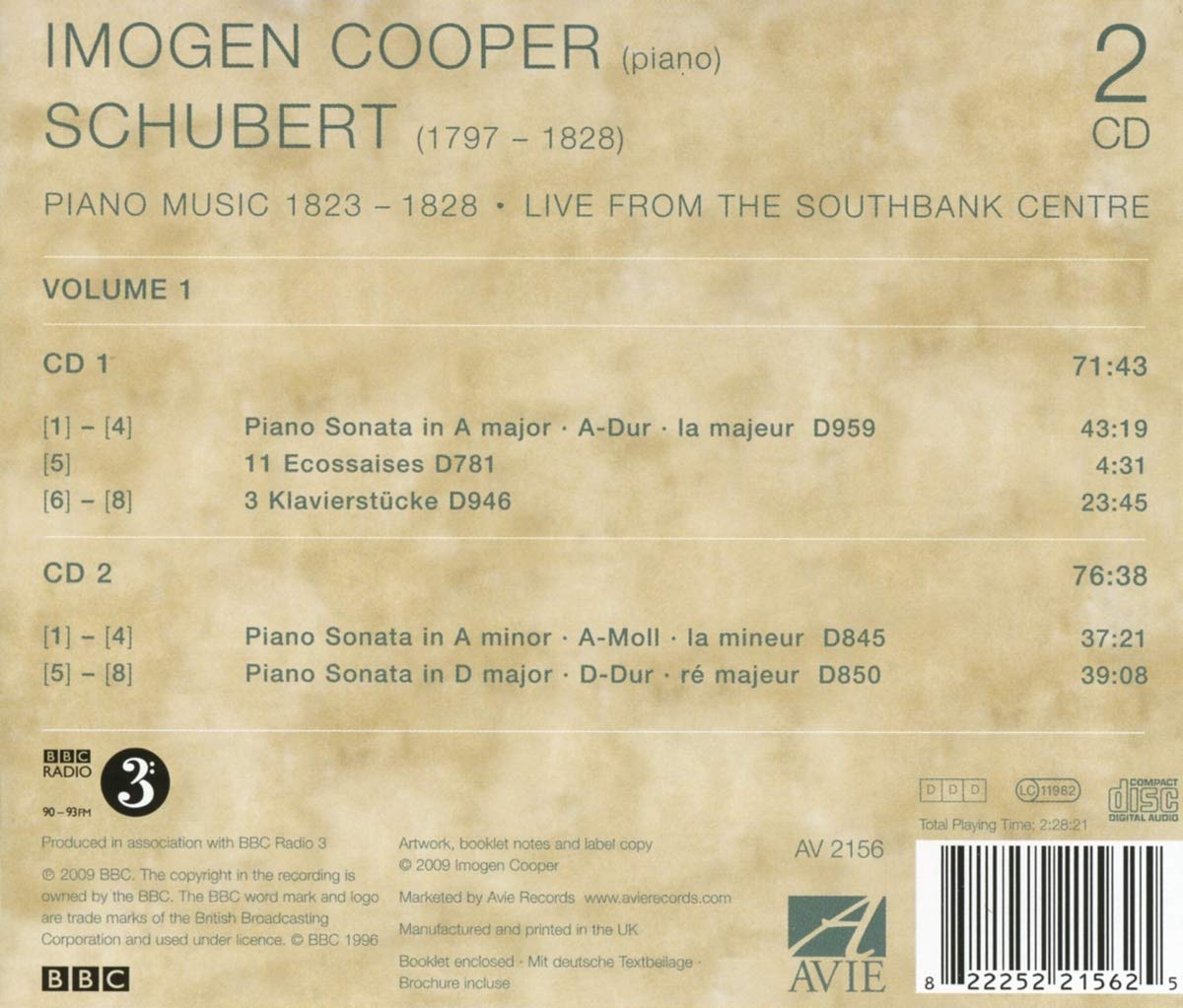 Schubert: Sonatas, Vol 1 - Imogen Cooper (2 CDS)