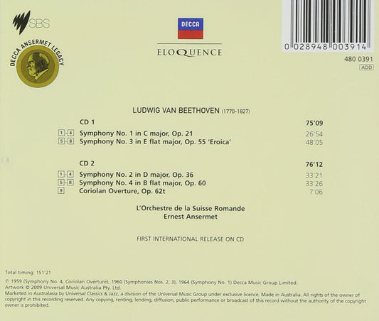 BEETHOVEN: Symphonies 1-4, Coriolan Overture - Ansermet, Orchestra de la Suisse Romande (2 CDs)