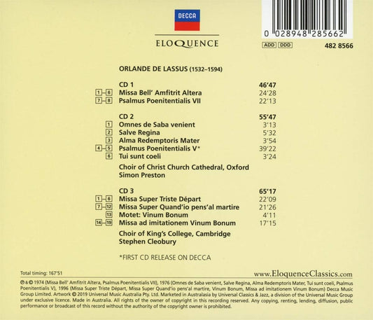 LASSUS: CHORAL MUSIC - CHOIR OF KING'S COLLEGE CAMBRIDGE; CHOIR OF CHRIST CHURCH CATHEDRAL OXFORD (3 CDS)