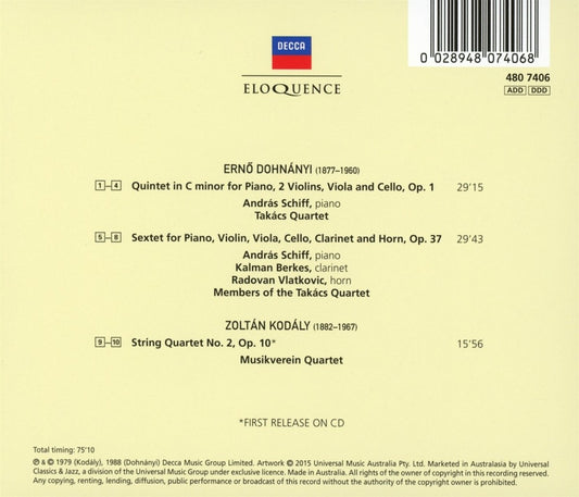 DOHNANYI: PIANO QUINTET; SEXTET; KODALY: STRING QUARTET NO. 2 - ANDRAS SCHIFF, TAKACS QUARTET, MUSICVEREIN QUARTET