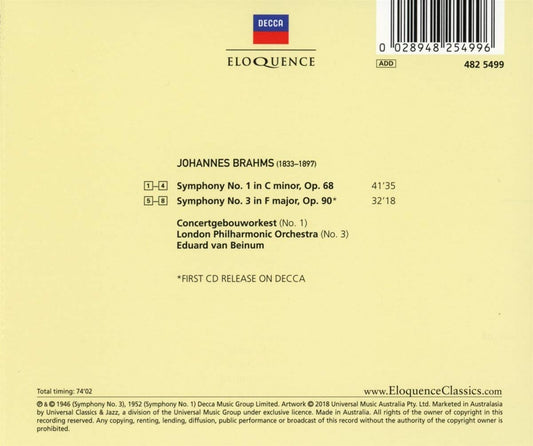 BRAHMS: SYMPHONIES 1 & 3 - VAN BEINUM, CONCERTGEBOUW ORCHESTRA, LONDON PHILHARMONIC