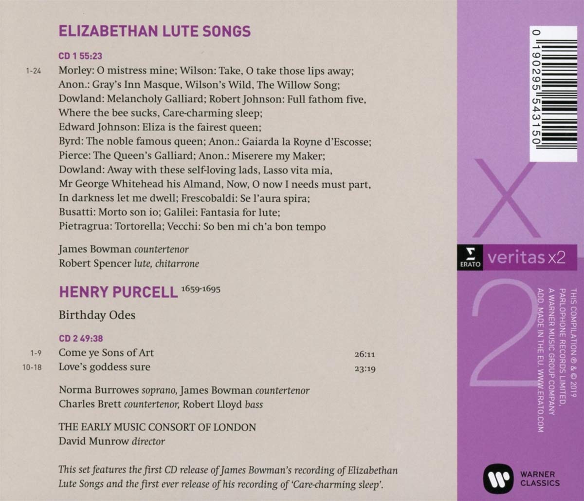 Elizabethan Lute songs; Purcell: Birthday Odes for Queen Mary - James Bowman, Early Music Consort of London, David Munrow (2 CDs)