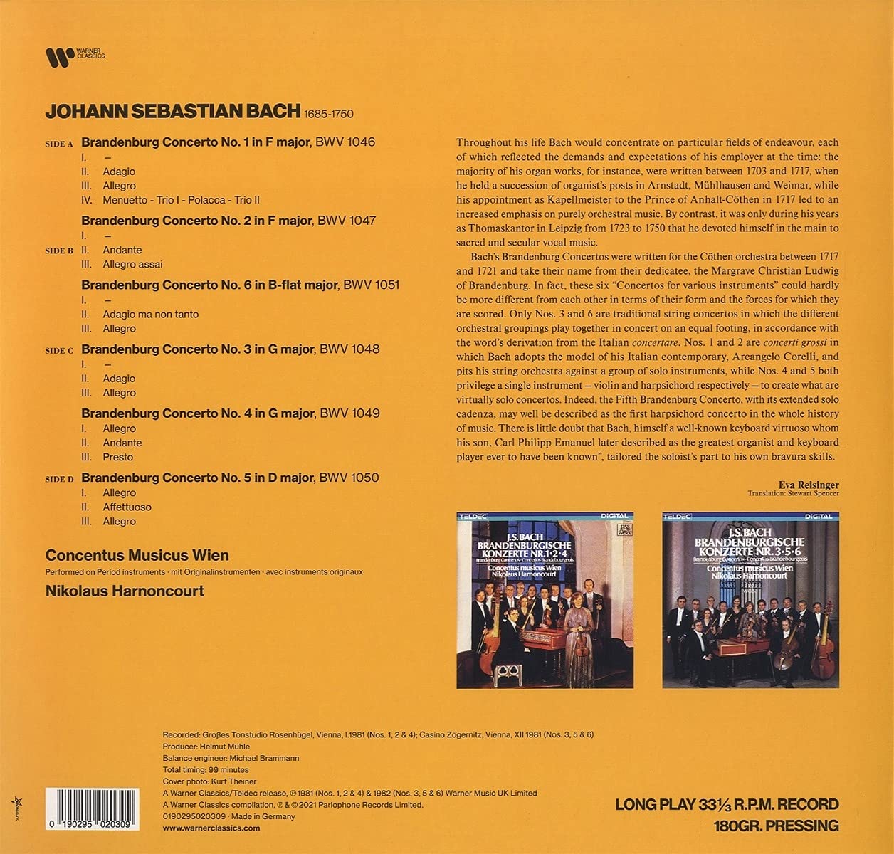 BACH: THE BRANDENBURG CONCERTOS - NIKOLAUS HARNONCOURT, CONCENTUS MUSICUS WIEN (2 LPS)