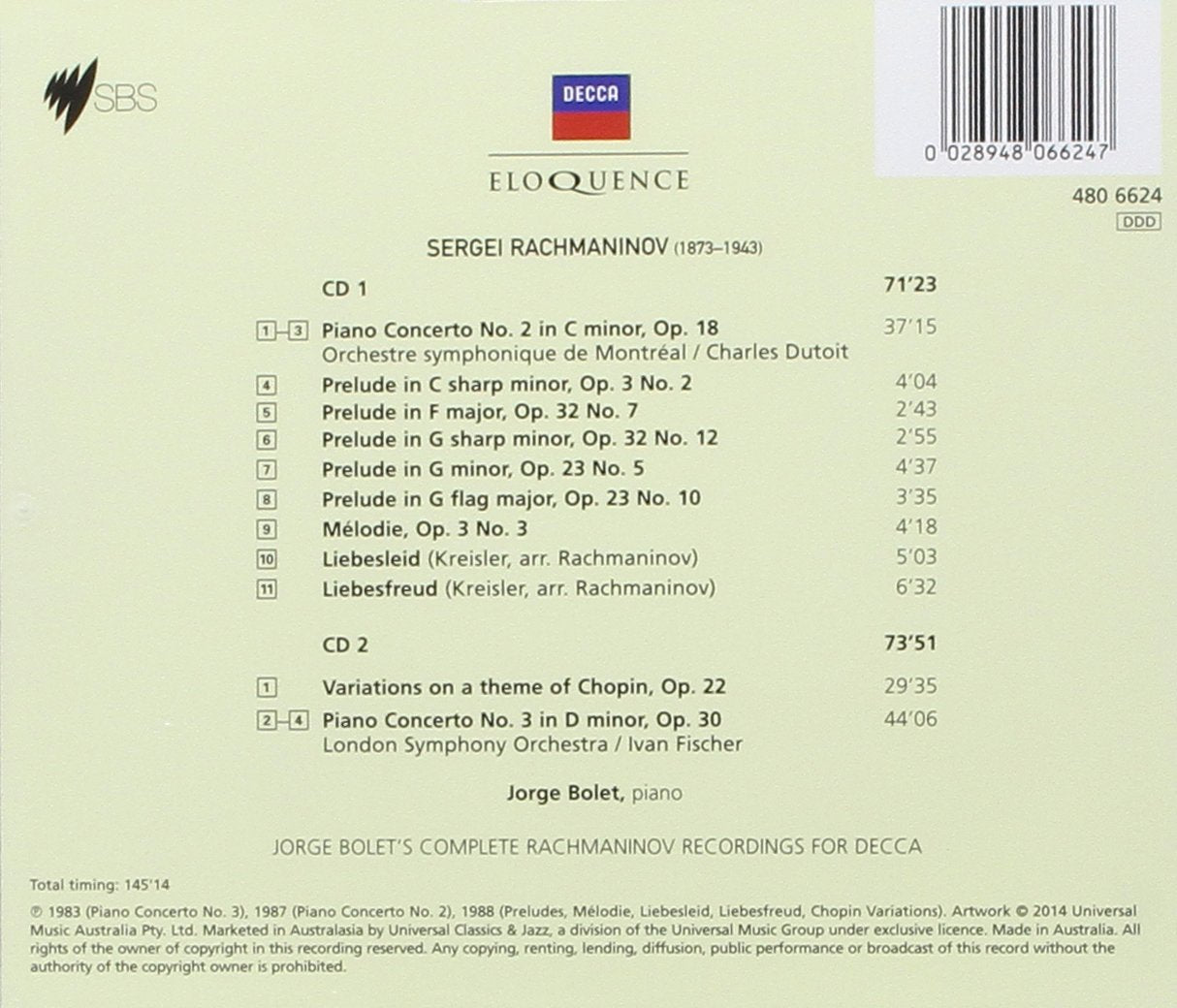 RACHMANINOV: PIANO CONCERTOS 2 & 3; SOLO PIANO WORKS - JORGE BOLET (2 CDS)