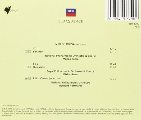 ROSZA: BEN HUR; QUO VADIS; JULIUS CAESAR EXCERPTS - ROSZA, HERRMANN, NATIONAL PHILHARMONIC (2 CDS)