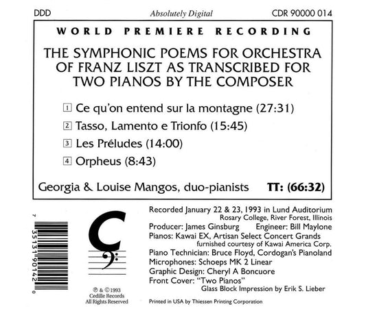 LISZT: SYMPHONIC POEMS FOR 2 PIANOS, VOLUME 1 - GEORGIA AND LOUISE MANGOS