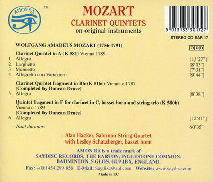 Mozart: Clarinet Quintet in A, Fragments Movt K580b & K. 516c - Alan Hacker, Lesley Schatzberger, Salomon String Quartet